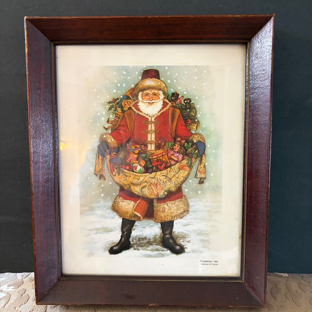 Vintage 1991 Caffco Framed Santa Claus Christmas Print Old World Holiday Decor